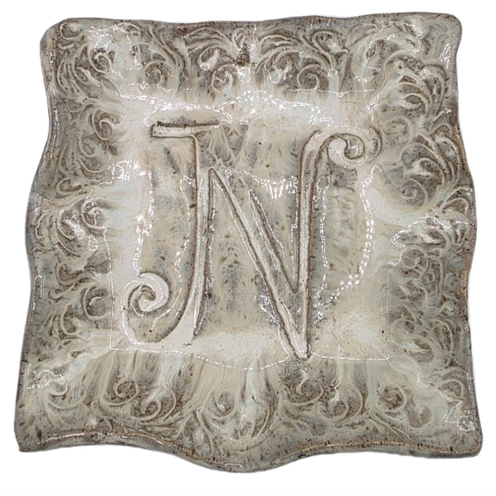 Pottery INITIAL PLATE N Hand Made By Jenni Hillman Beige Tan  Platter Serveware